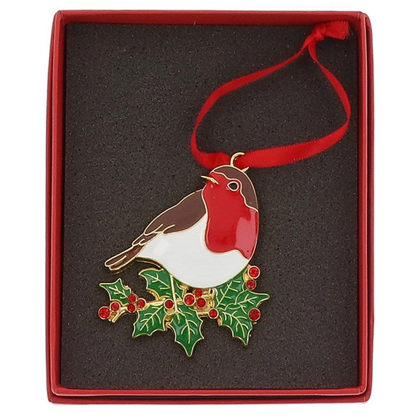 Christmas Treasures Robin On Holly Metal & Enamel Tree Decoration & Keepsake