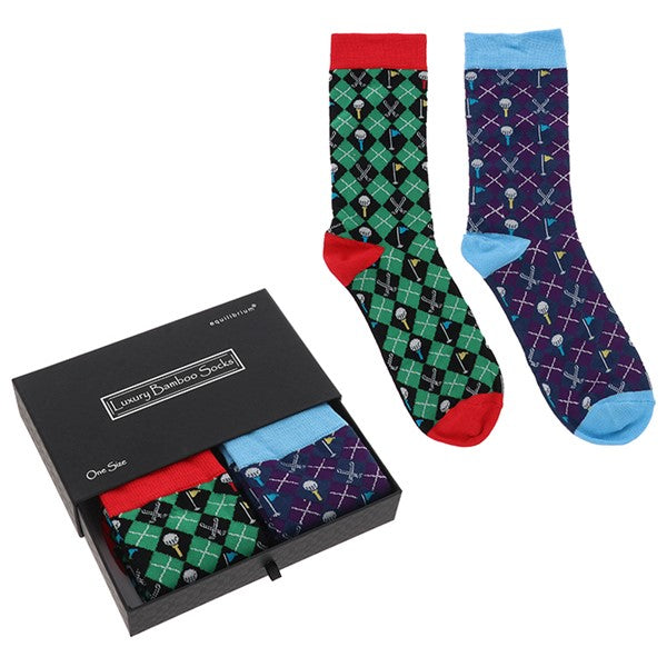 Men's Bamboo Socks Gift Box - Plaid Golf Purple & Green
