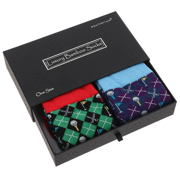 Men's Bamboo Socks Gift Box - Plaid Golf Purple & Green