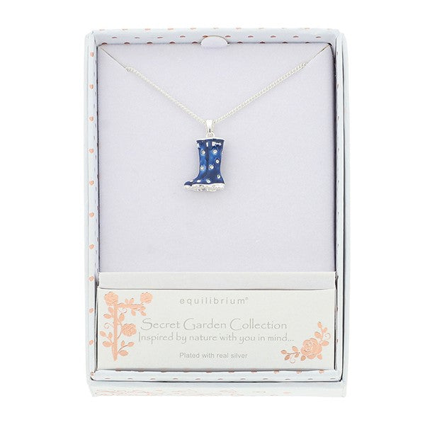 Secret Garden Spot Navy Blue Wellies Silver Plated Necklace