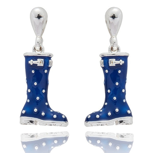 Secret Garden Spot Navy Blue Wellies Silver Plated Earrings