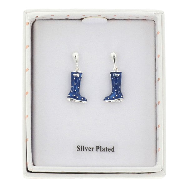 Secret Garden Spot Navy Blue Wellies Silver Plated Earrings