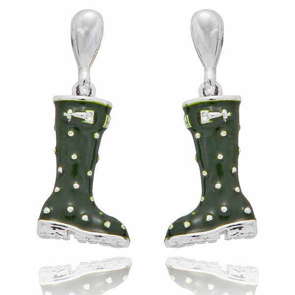 Secret Garden Spot Green Wellies Silver Plated Earrings