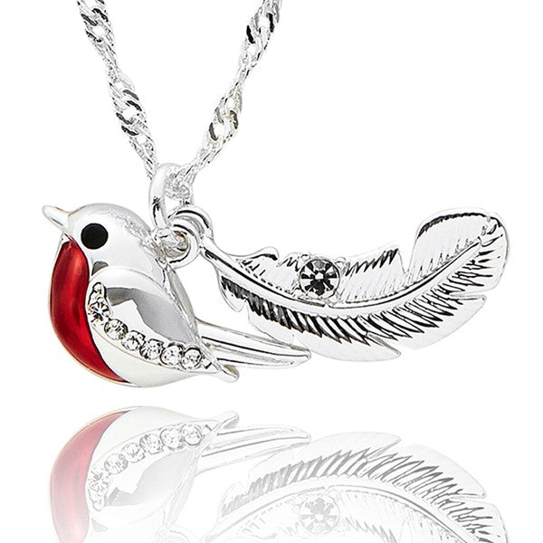 Robins Appear Feather & Robin Silver Plated Necklace