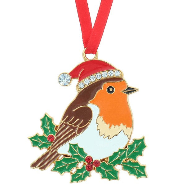 Christmas Treasures Robin On Holly Metal & Enamel Tree Decoration & Keepsake