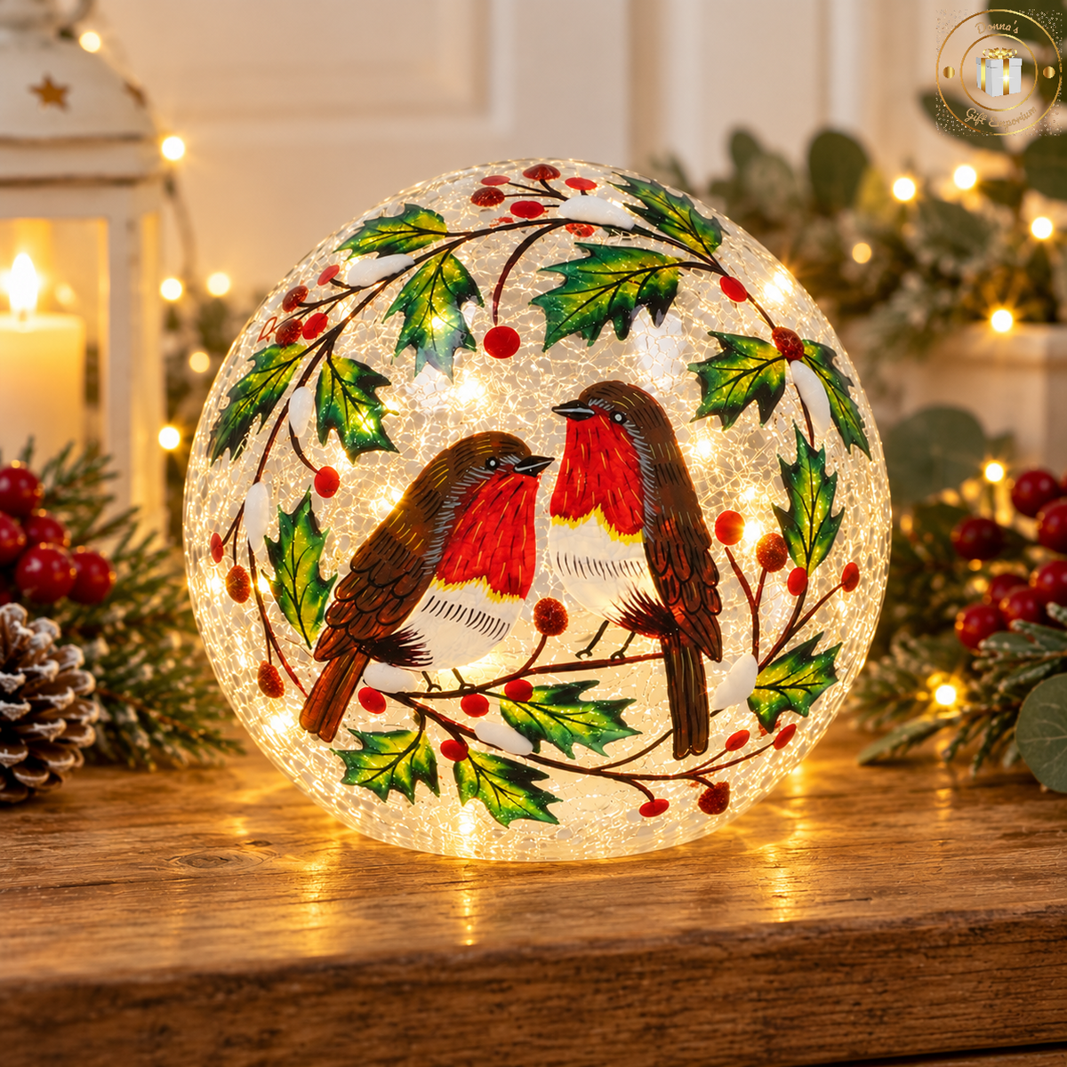 LED Robin Crackle Glass Ball – Christmas Decoration