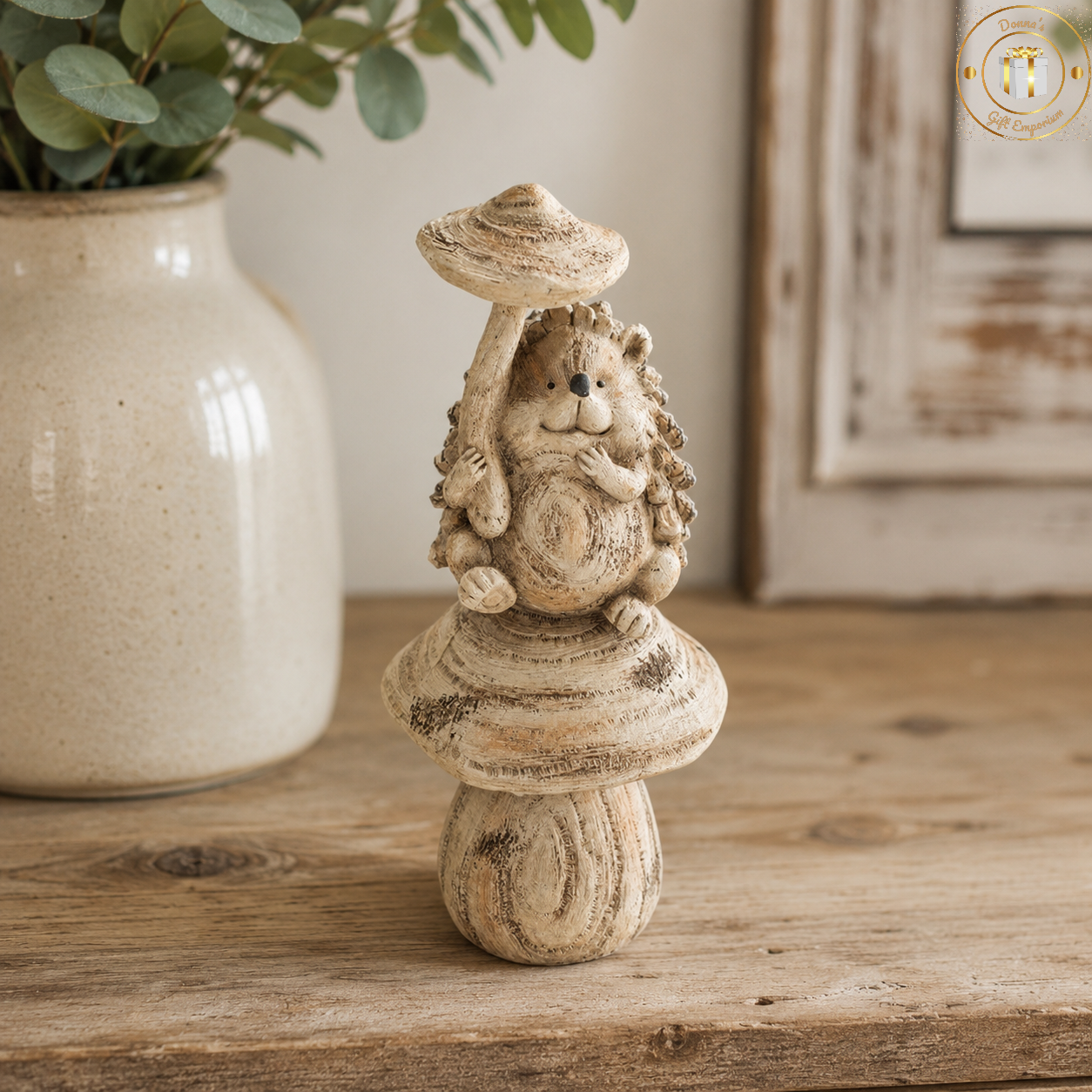 Woodgrain Hedgehog On Mushroom Ornament