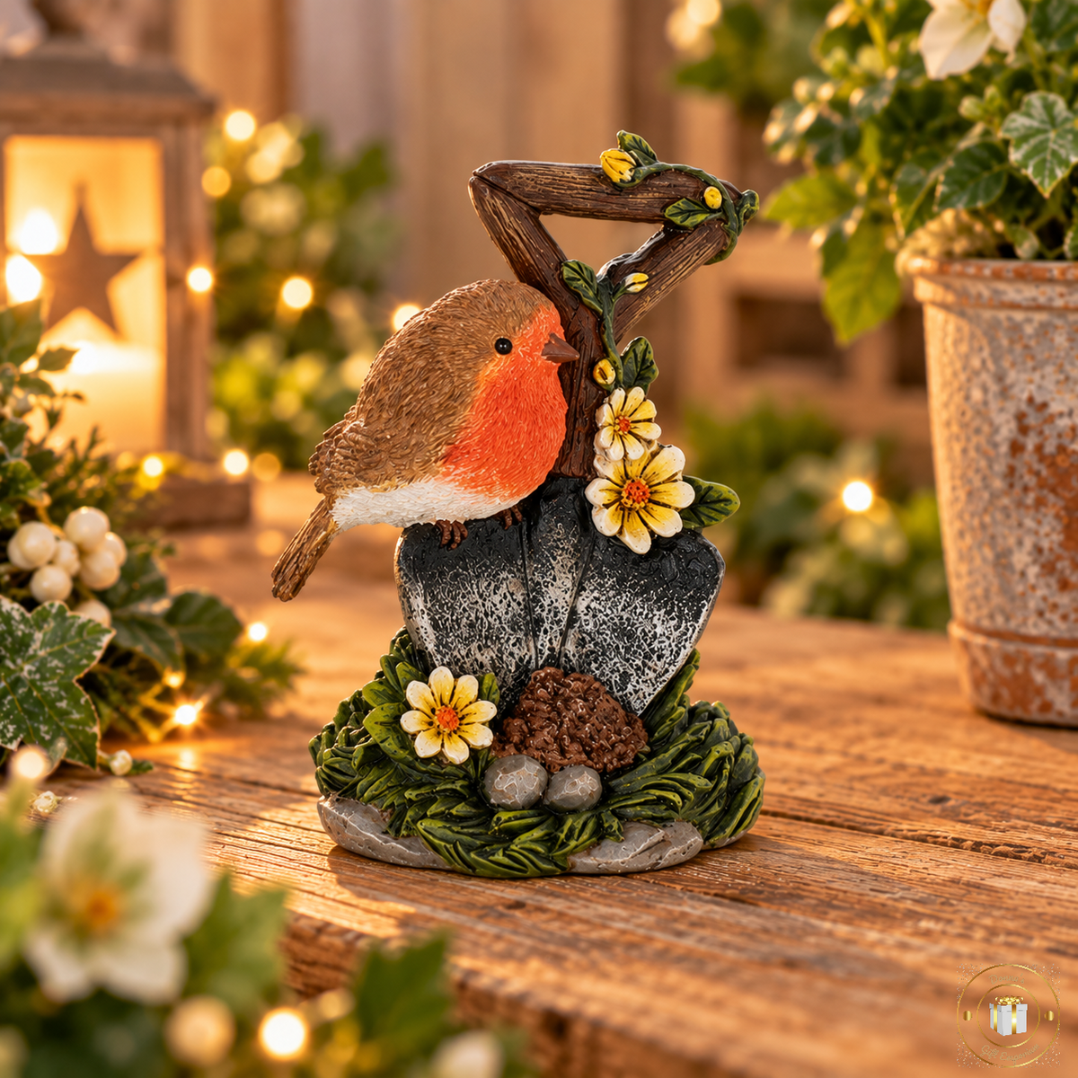 Robin on Garden Spade Ornament with Yellow Flowers – Lovely Gift for Robin Lovers