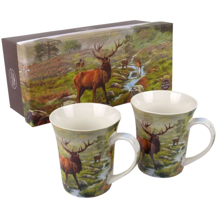 Highland Stag Box Set of Two Fine China Mugs