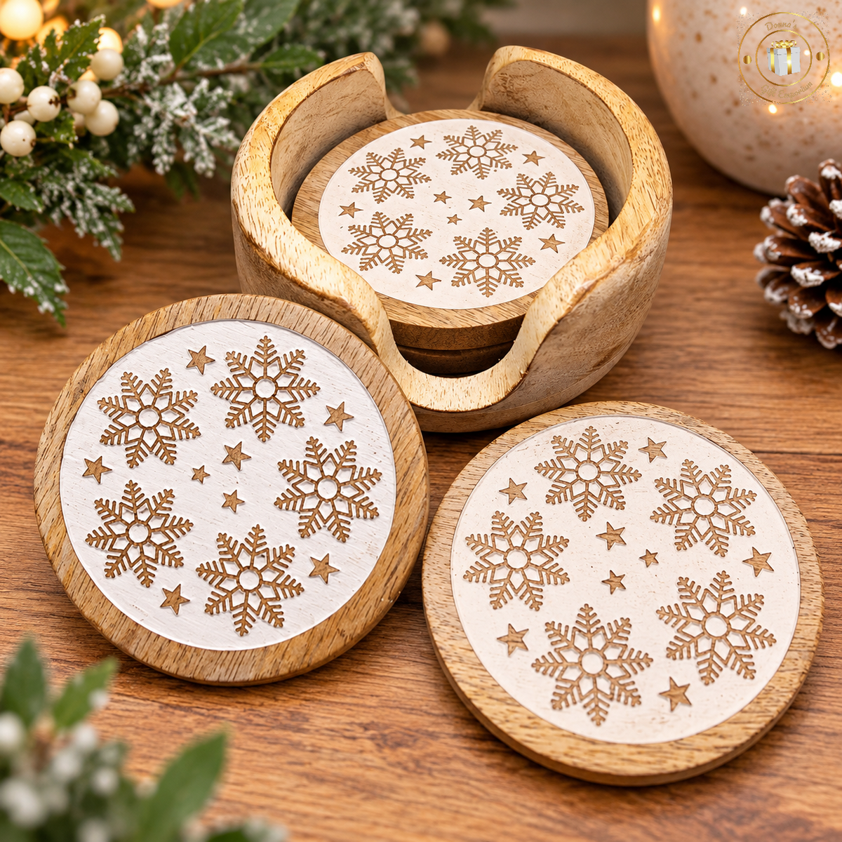 Christmas Snowflakes Wooden Coaster Set of 4