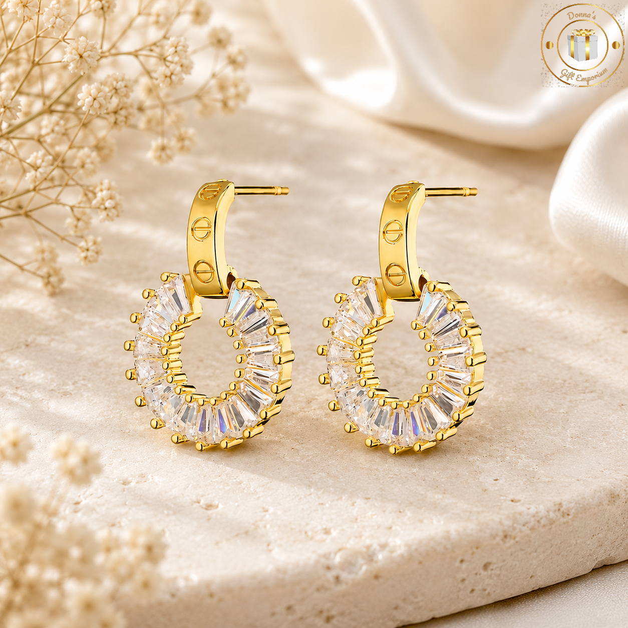 Cubic Zirconia Circle Drop Earring in Gold