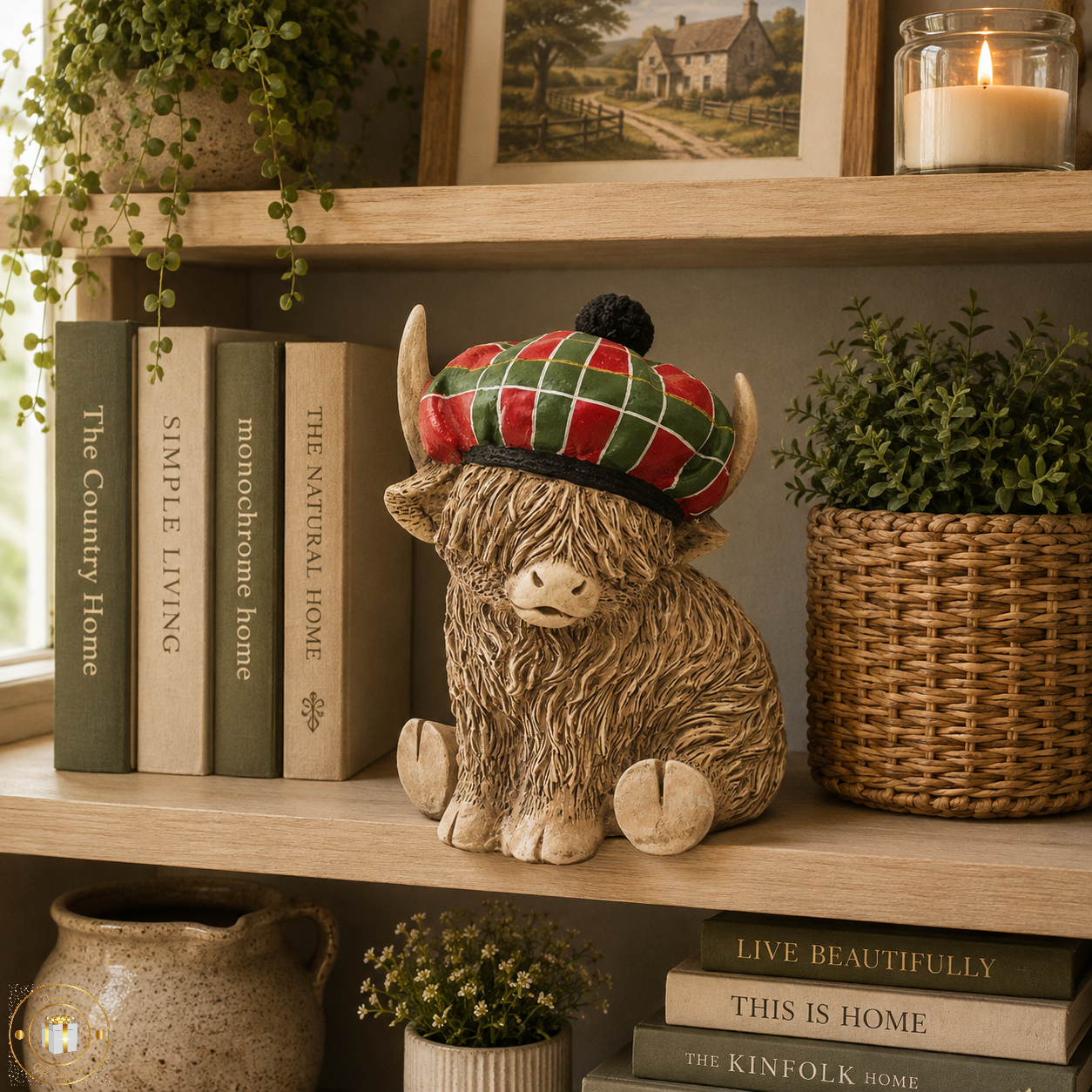 Highland Cow With Red & Green Tartan Hat