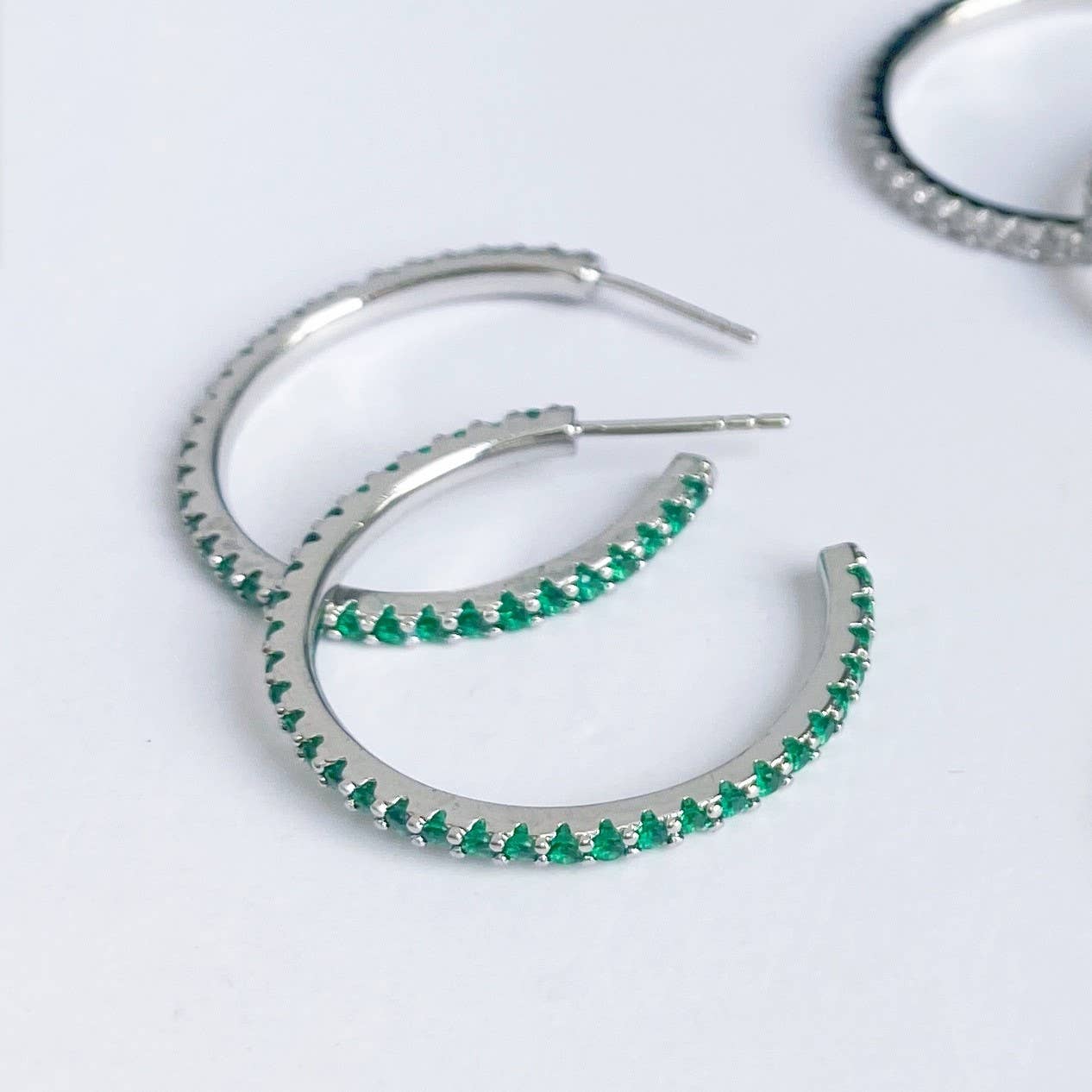 Cubic Zirconia Inset Hoop in Silver & Green