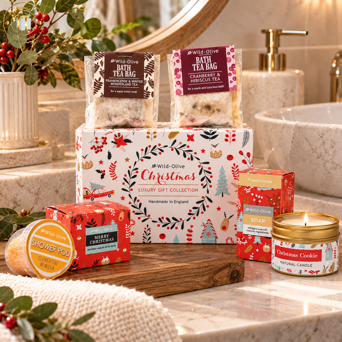 Wild Olive Christmas Luxury Spa Set - Bath Melt, Candle, Soap, Shower Pod, Bath Tea Bags