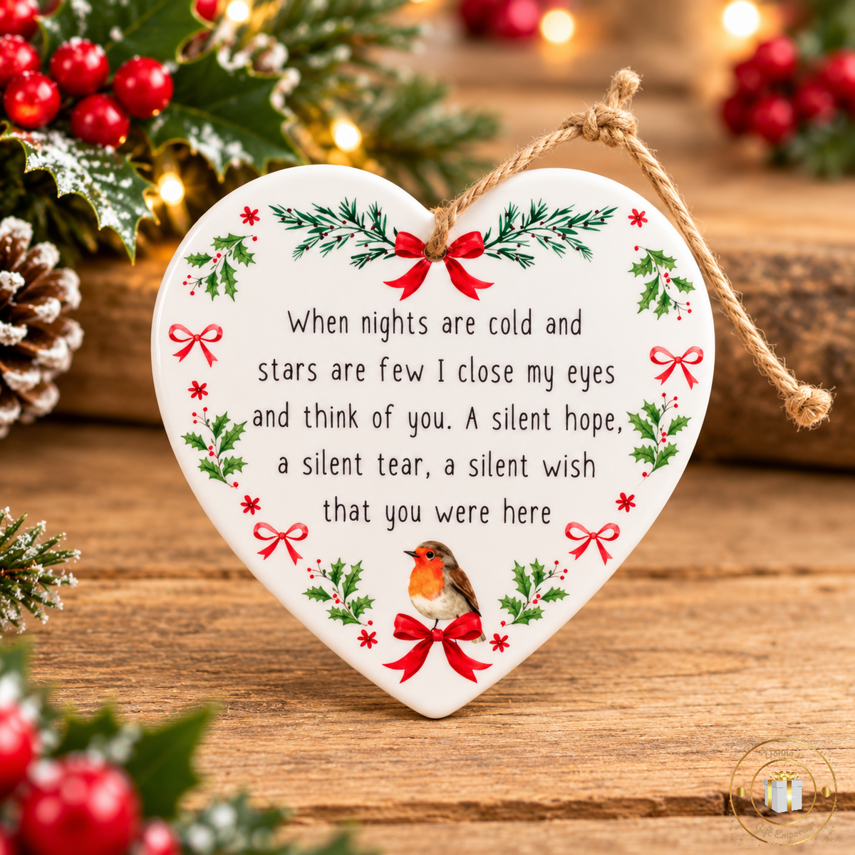 Christmas Robin Memorial Ceramic Heart Hanger