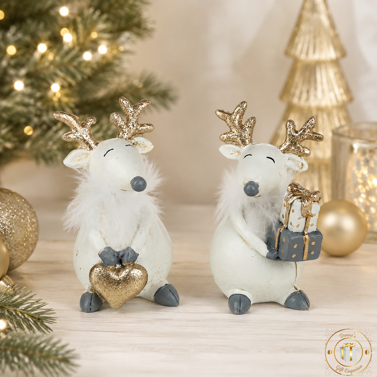 White & Gold Christmas Reindeer Ornament Set