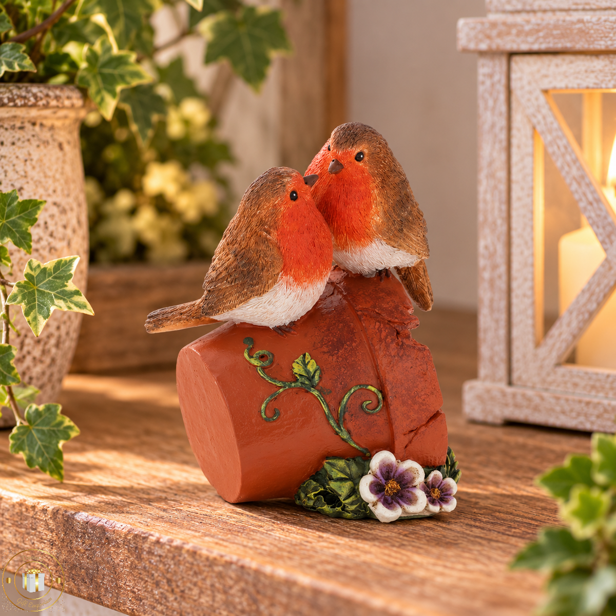 Robin Couple on Terracotta Plant Pot Ornament