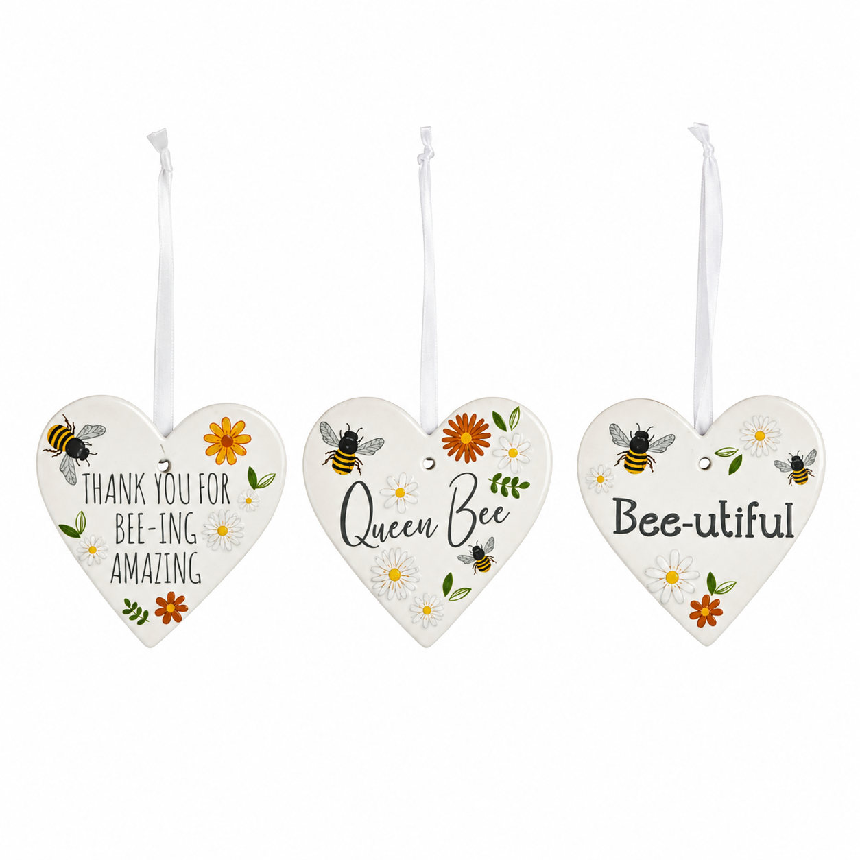 Ceramic Hanging Bee Hearts - Queen Bee / Thank You / Beautiful