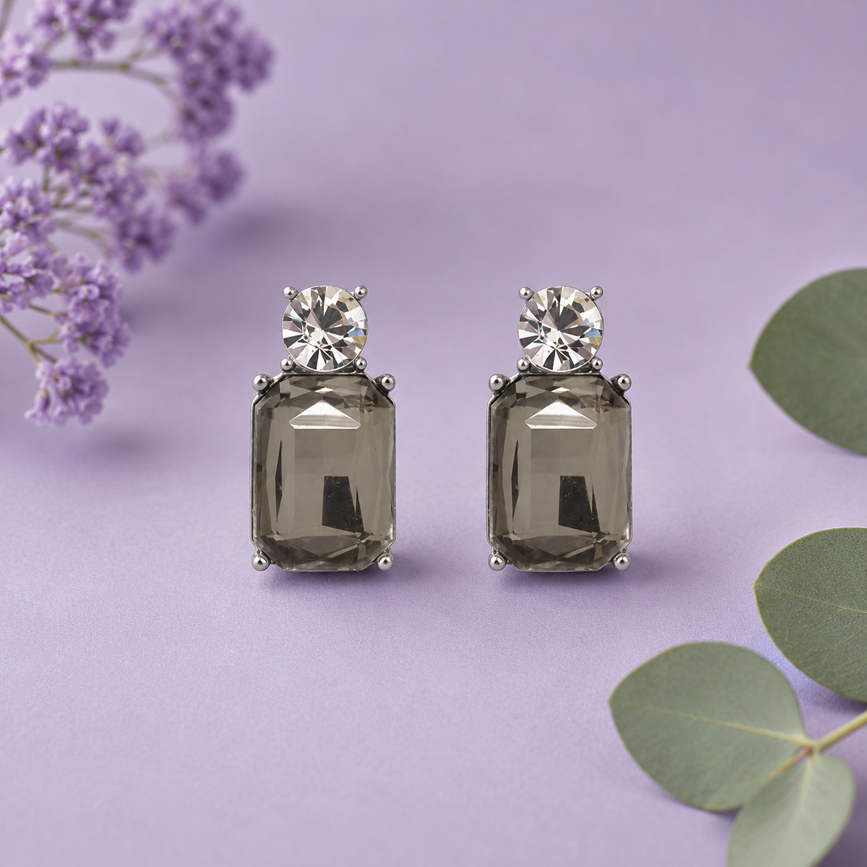 Mini Gem Earring in Silver with Slate & Clear