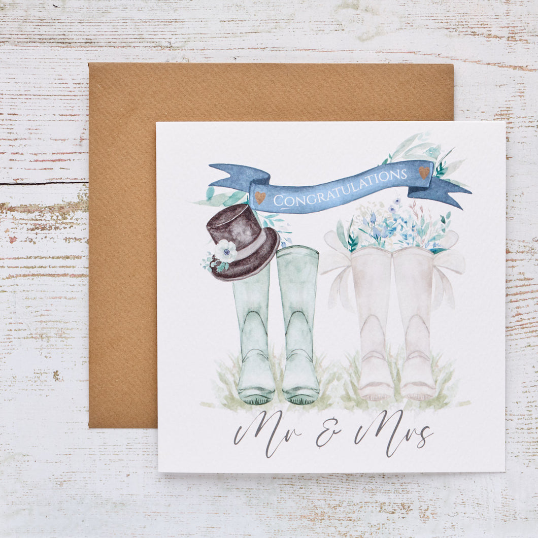 Wedding Day Card - Mr & Mrs Top Hat & Wellies