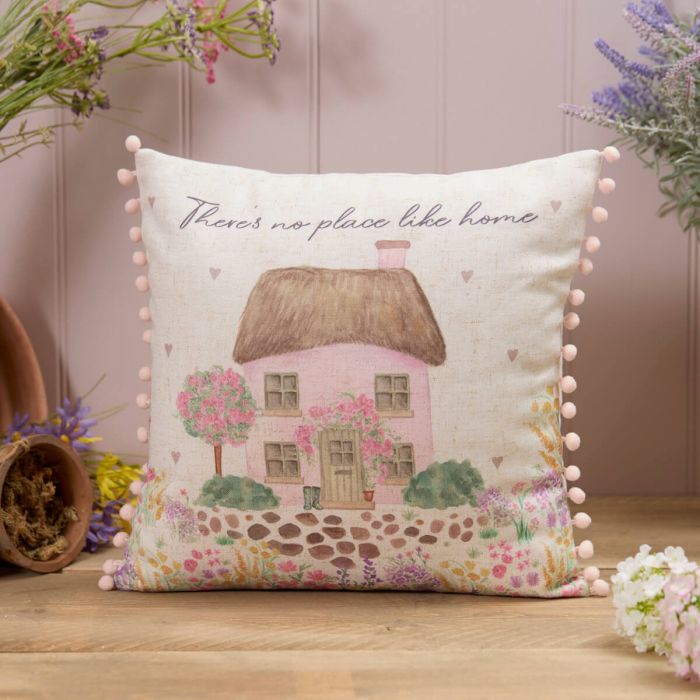 There's No Place Like Home Cottage Garden Cushion With Pom Poms