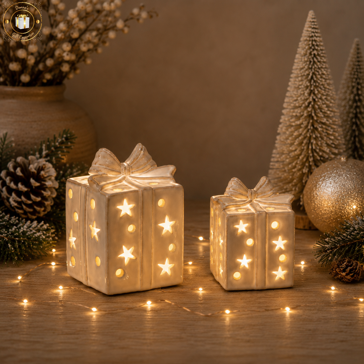 Ceramic LED Light Up Christmas Present & Bow Decorations – Set of 2