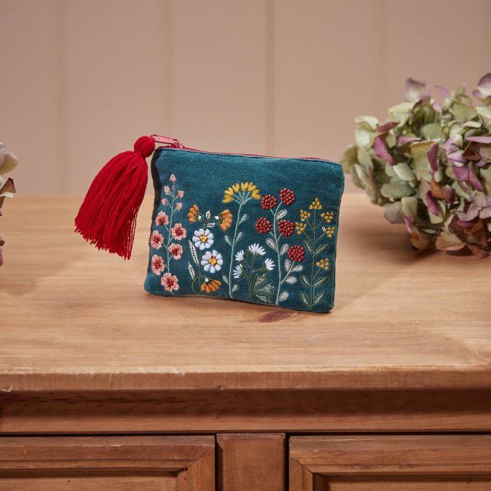 Make-Up Bag or Coin Purse - Blue Embroidered