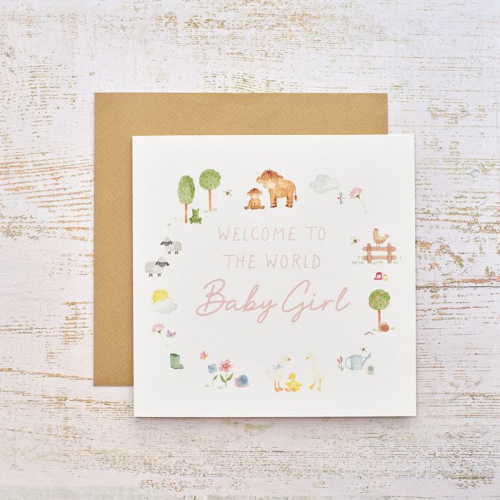 Welcome To The World New Baby Girl Card Farming Animals