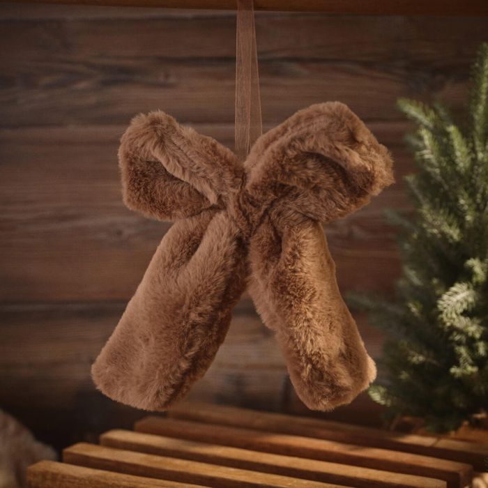 Festive Brown Faux Fur Bow Hanging Decoration - Large