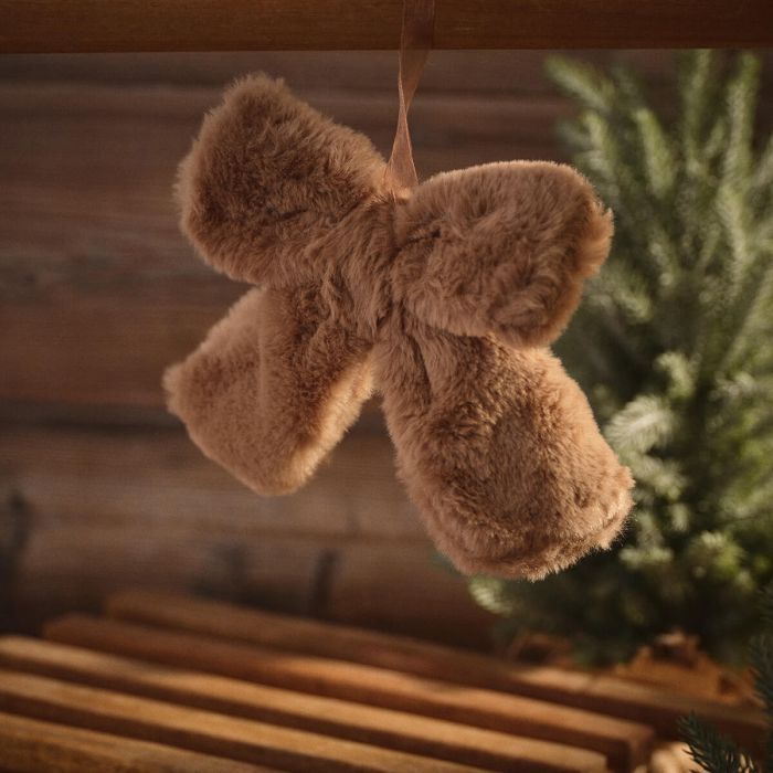 Festive Brown Faux Fur Bow Hanging Decoration -Small