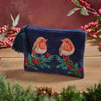 Christmas Robin Embroidered Velvet & Glass Beads Cosmetic Bag