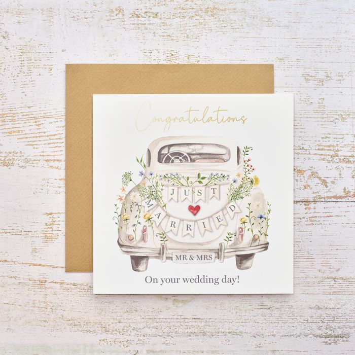 Just Married Card Car Flowers