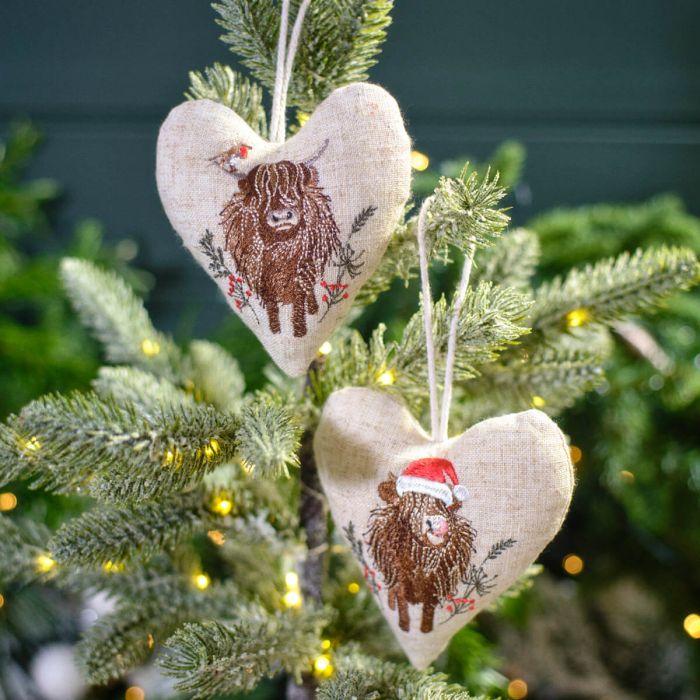Embroidered Highland Cow Christmas Tree Decorations