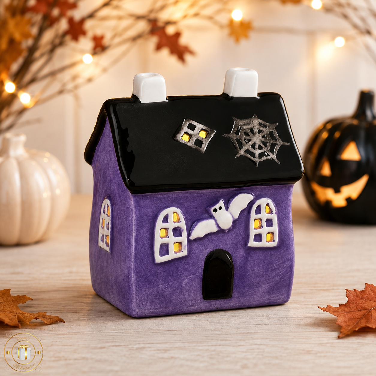 Ceramic LED Purple Haunted Halloween House