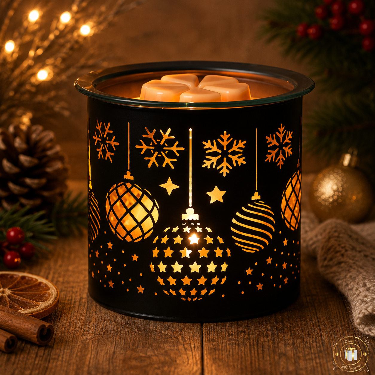 Tealight Wax Melter Burner and Candle Holder - Black & Gold Silhouette - Christmas Baubles