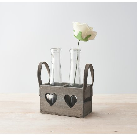 Grey Wooden Heart Tray With Bud Vases
