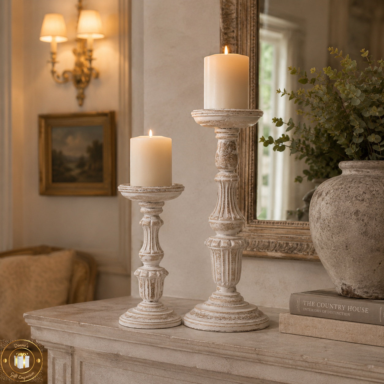 Distressed White Washed Wooden Candle Holders - 22cm & 29cm