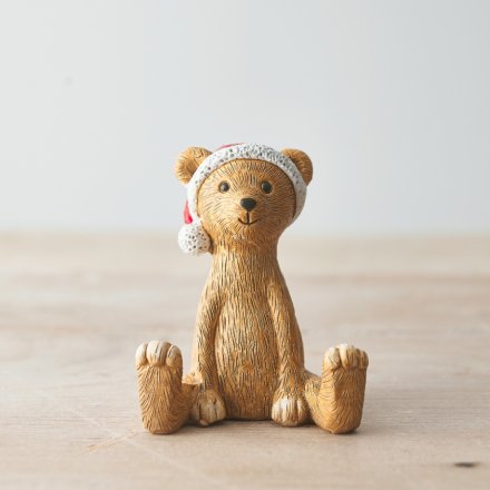 Rustic Christmas Bear With Santa Hat