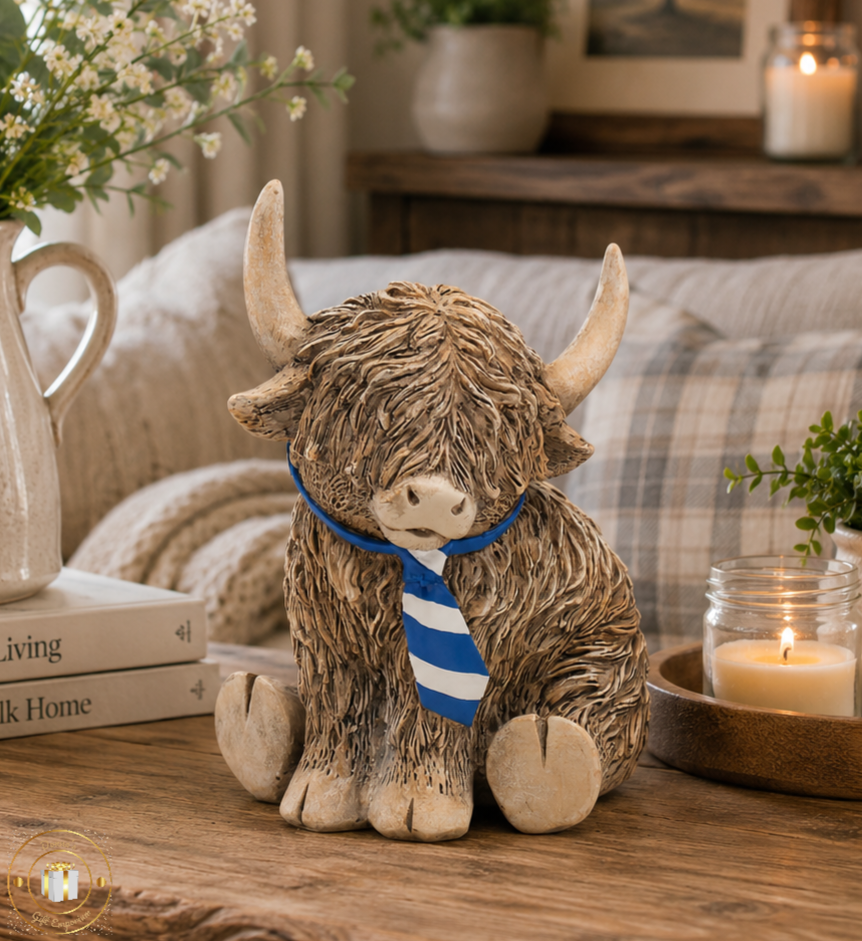 Highland Cow With Blue & White Tie