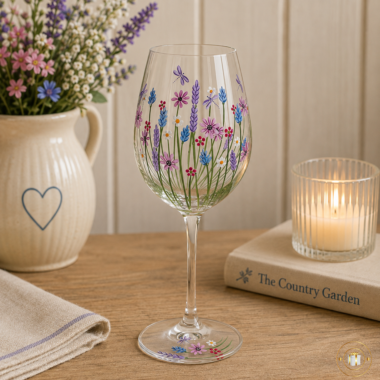 Hand Painted Dragonfly Meadow Wine Glass