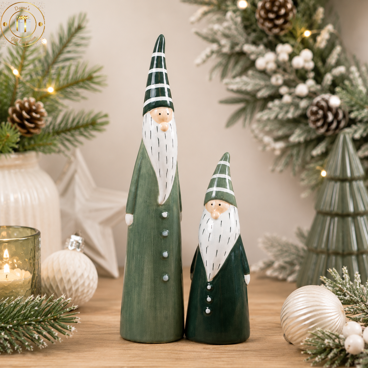 Green Ceramic Santa Gonk Duo Ornament Set