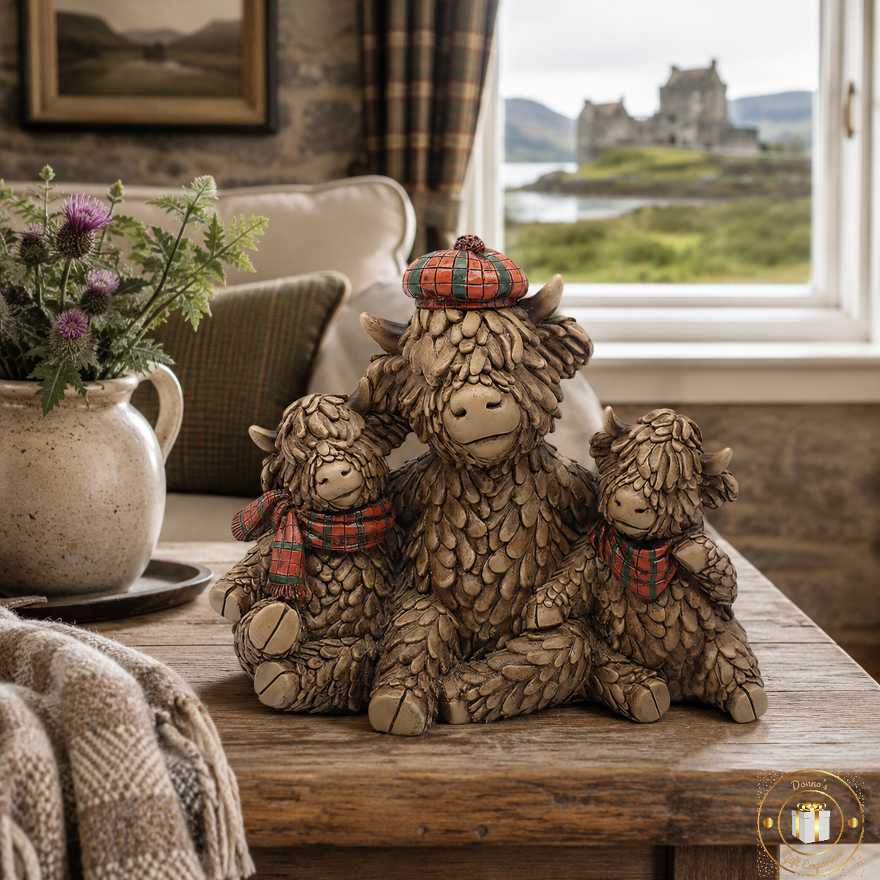 Highland Cow Family Ornament – Scottish Highland Cow Resin Figurine