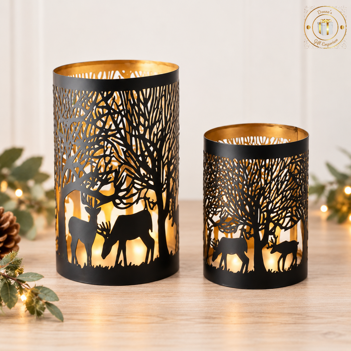 Black & Gold Woodland Deer Metal Lanterns