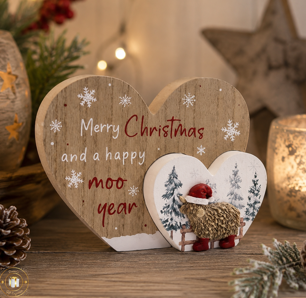 Merry Christmas &amp; Happy Moo Year Wooden Heart Decoration