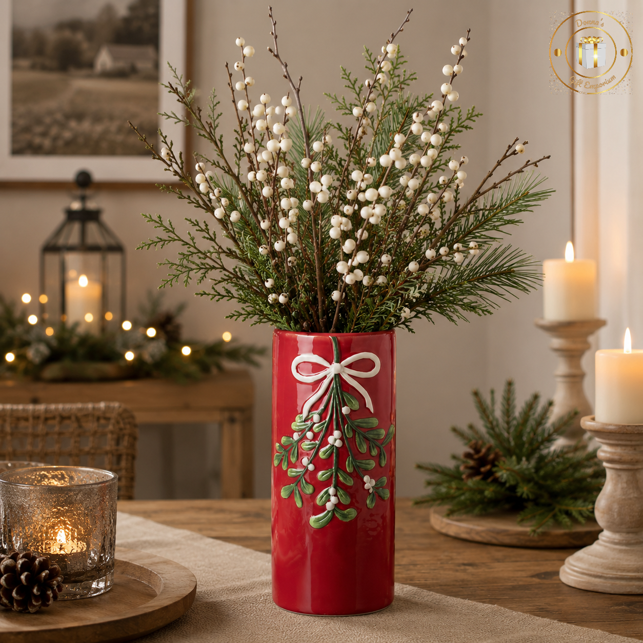 Red Mistletoe Ceramic Christmas Vase