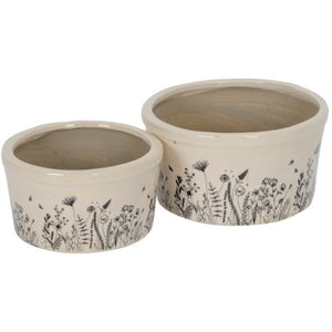 Floral Stoneware Planters - Cracked Glaze