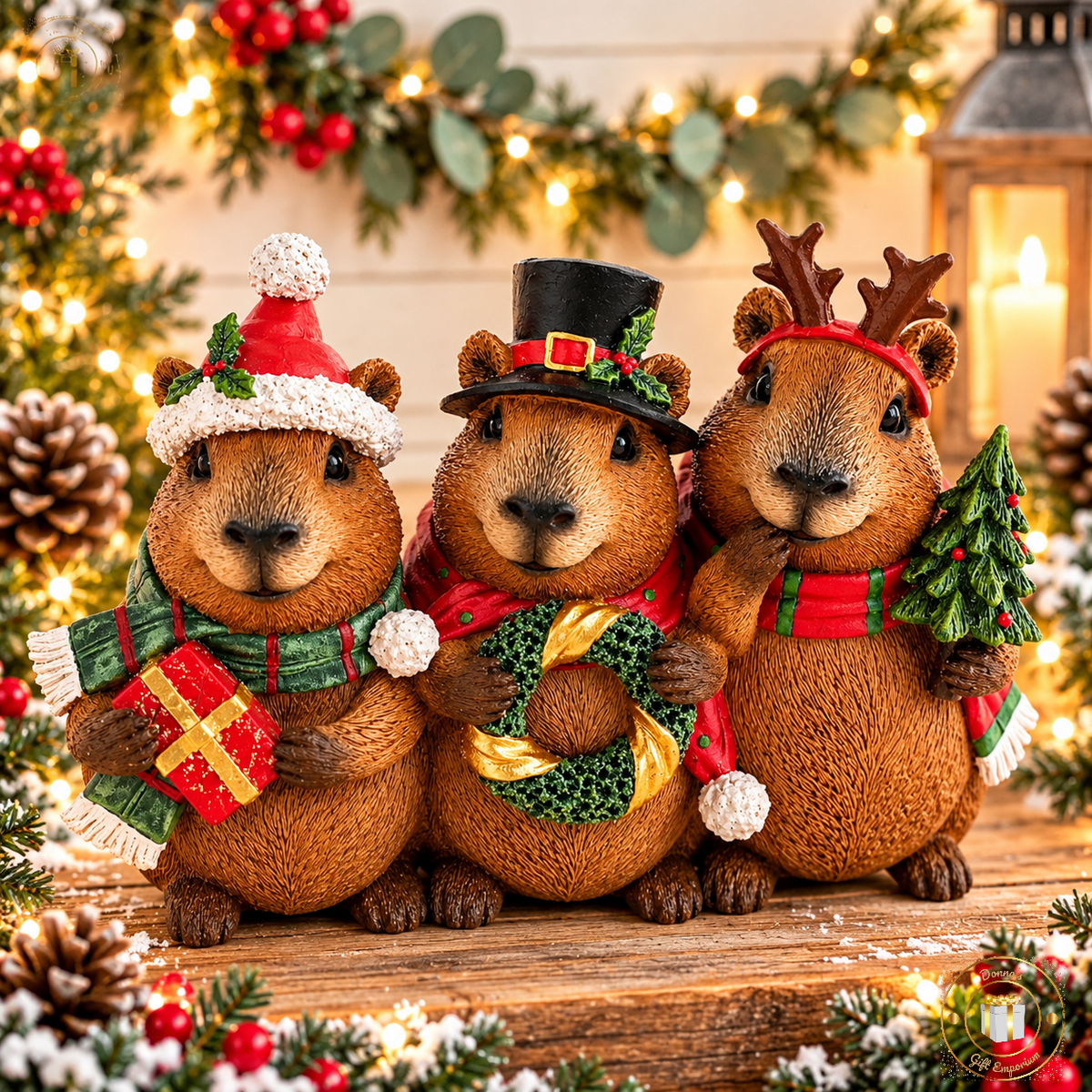 Festive Christmas Capybara Trio Ornament