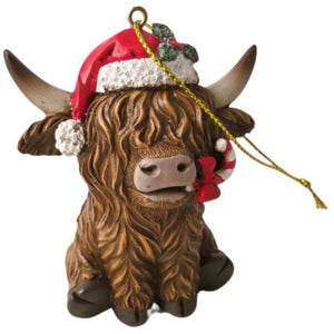 Highland Cow With Candycane Tree Decoration