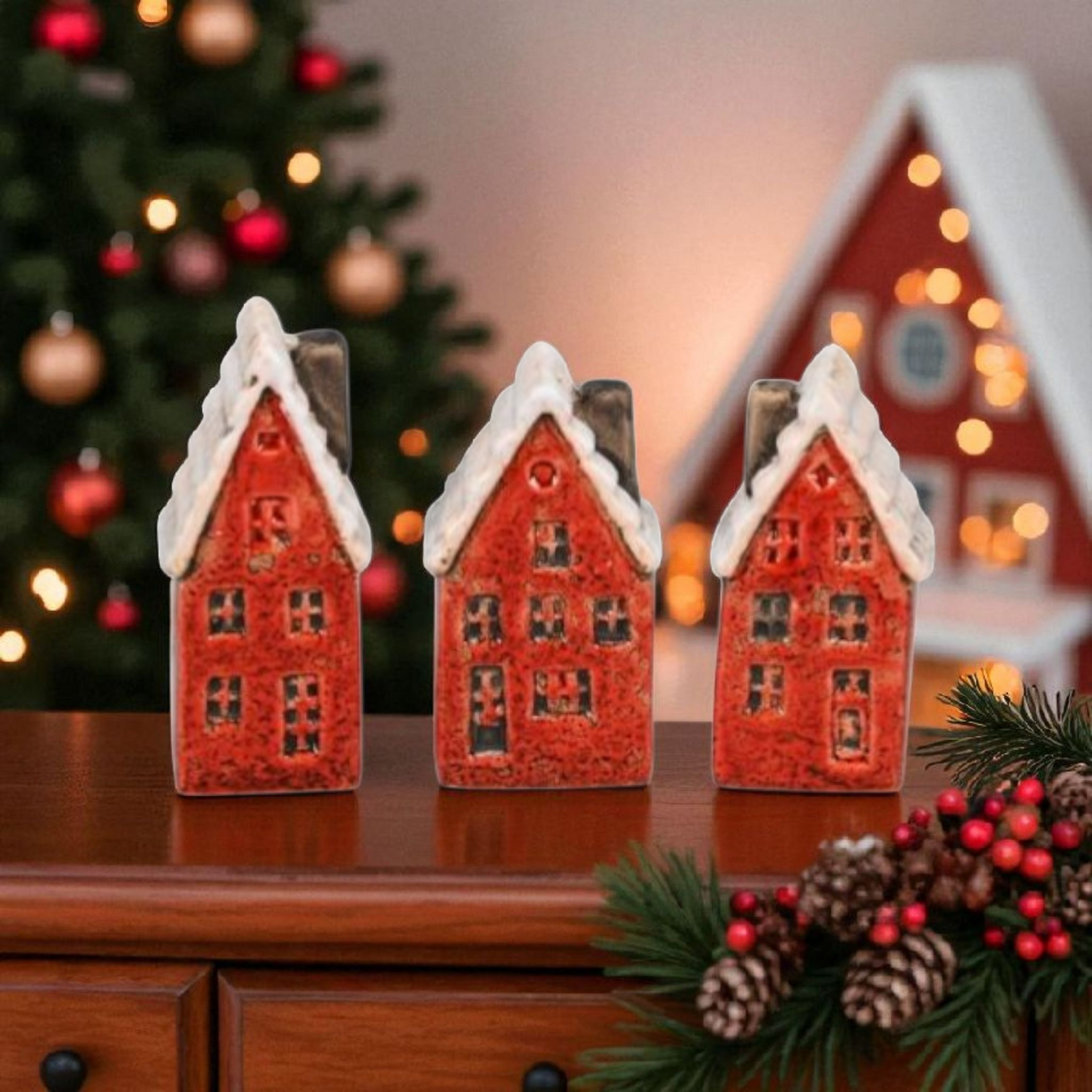Red Vintage Christmas Houses - Set of 3 - Large