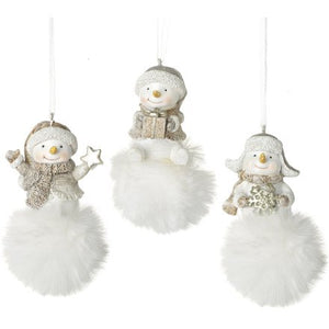 Snowmen On White Fluffy Pompoms ~ Set of 3